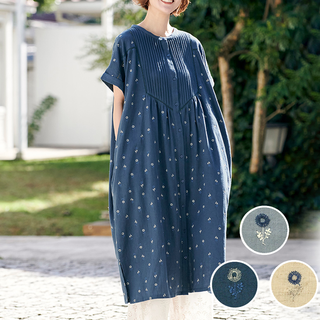 【PORINA】ワンピース ベリス[半袖前開き小花刺しゅう刺繍ボタニカルフローラルナチュラル春夏26SS]