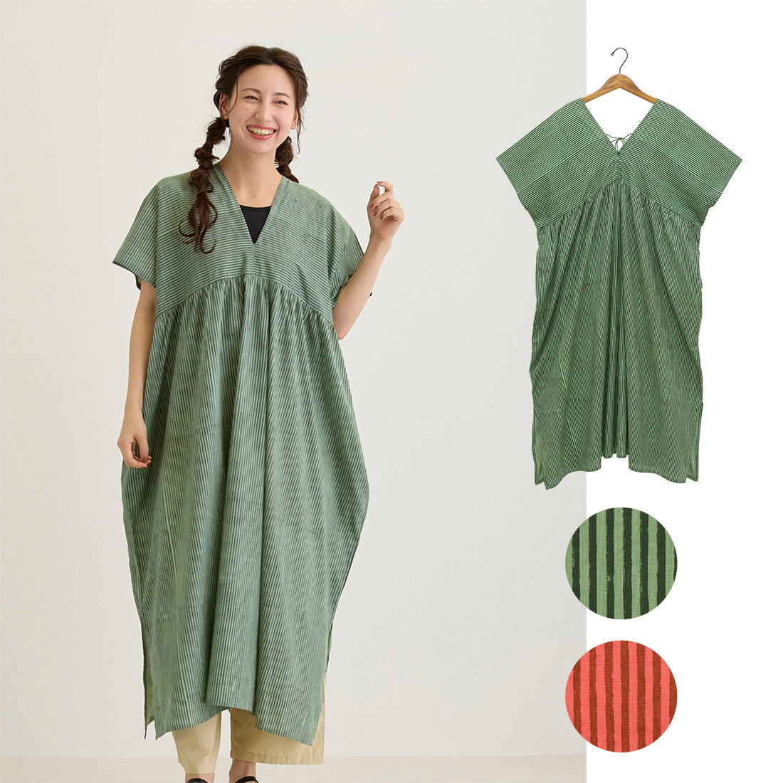 【Shanti Shanti】Vネックワンピース レカ[半袖ストライプブロックプリントアジアンナチュラル春夏26SS]