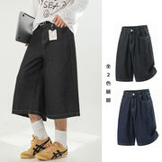 メンズ 七分丈デニムパンツ 夏 ステッチデザイン ヴィンテージ風 ストレート ワイド カジュアル★全2色