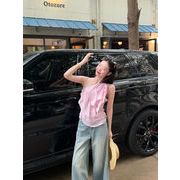 今季マストバイ デザイン おしゃれ   斜め肩  フリル  ピンク  キャミ  ブラウス  トップス