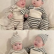 新生児服 A 類 秋用 ボーダーワッフル コンビ肌着 ハイウエストおなかガードパンツ セット
