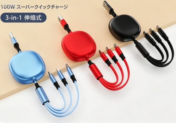 エッグ型 6A 超急速充電 伸縮 3-in-1 充電ケーブル 同時充電対応 iPhone Android Type-C 万能ケーブル