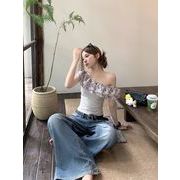 スウィート フリル ワンショルダー フィット半袖トップス