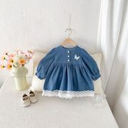 ベビー 服 女の子 秋 長袖 ワンピース デニム ロリータ風 プリンセス ドレス 刺繍 お出かけ着 韓国風