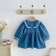 2026新作 キッズ 女の子 秋服 長袖 デニムワンピース セーラーカラー 刺繍 ドレス 韓国風 お出かけ着