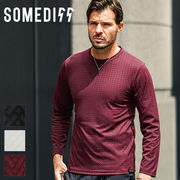 【シェブロン柄長袖T】SOMEDIFF メンズ タイト スリム ロンT クルーネック 新作 2026